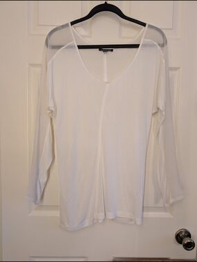 Trouve Sheer-Sleeve White V-Neck Long Sleeve Top